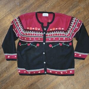 VTG Black Red Floral Embroidered Cardigan Sweater Valentine Teacher Grandma 1X